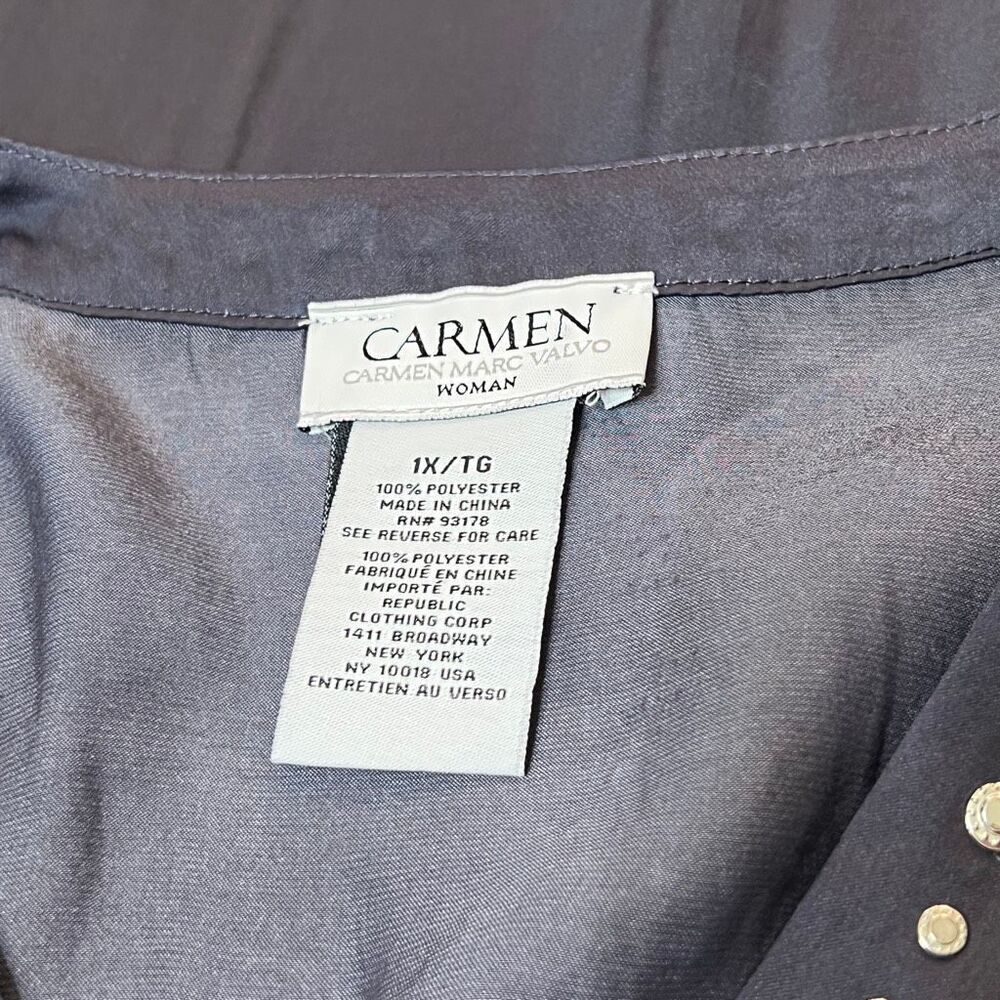 Carmen Marc Valvo Women's V-Neck Studded Trim Long Sleeve Blouse Blue Size 1X - Picture 5 of 5
